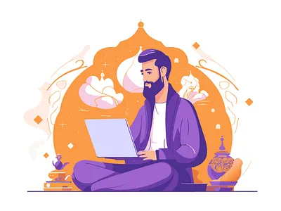 An illustration of a man working at home mughal style 3d branding colorful graphic design home illustration laptop man mascot motion graphics mughal style ui vector work