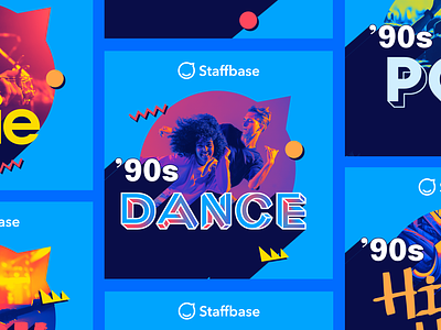 Spotify Playlist Covers 90s campaign 90s music blue branding graphic design illustration playlist retro spotify staffbase typography