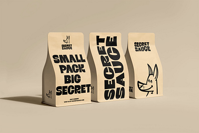 Secret Sauce - small packs bag branding clean dog food funky logo mascot packaging sauce secret tpographic