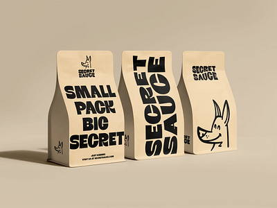 Secret Sauce - small packs bag branding clean dog food funky logo mascot packaging sauce secret tpographic