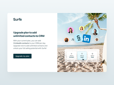 Product modals | Surfe b2b banner credits crm freemium light mode linkedin modal pop up popup pricing product product design saas ui