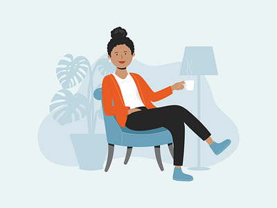 Woman chilling in her living room app character chilling coffee healthcare illustration living room lounge sat down
