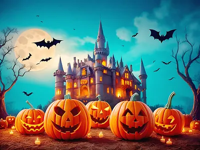 Scary Halloween Pumpkins, a castle around some bats generative ai graphic design