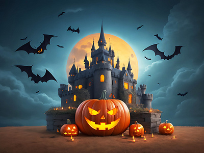Scary Halloween Pumpkins, a castle around some bats generative ai graphic design