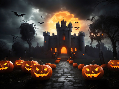 Scary Halloween Pumpkins, a castle around some bats generative ai graphic design