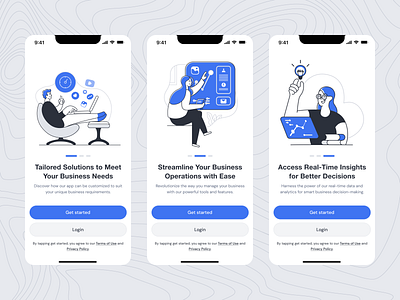 Onboarding screens for a business management app app business design illustration mobile mobileapp product tech ui uidesign uiux ux