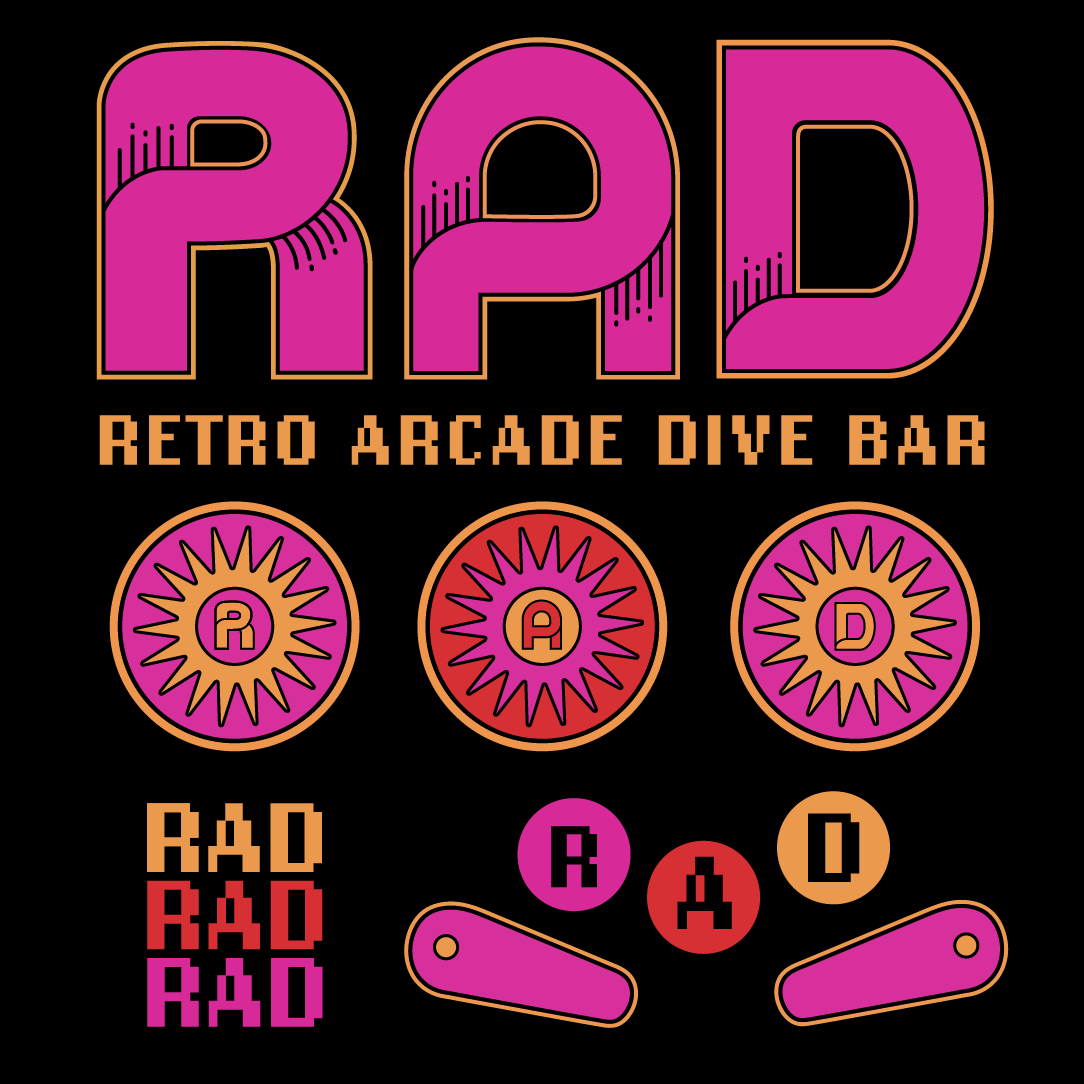 RAD - Retro Arcade Bar Dive Logo Concept animation brand identity branding design graphic design lettering logo logo design logos motion graphics typography