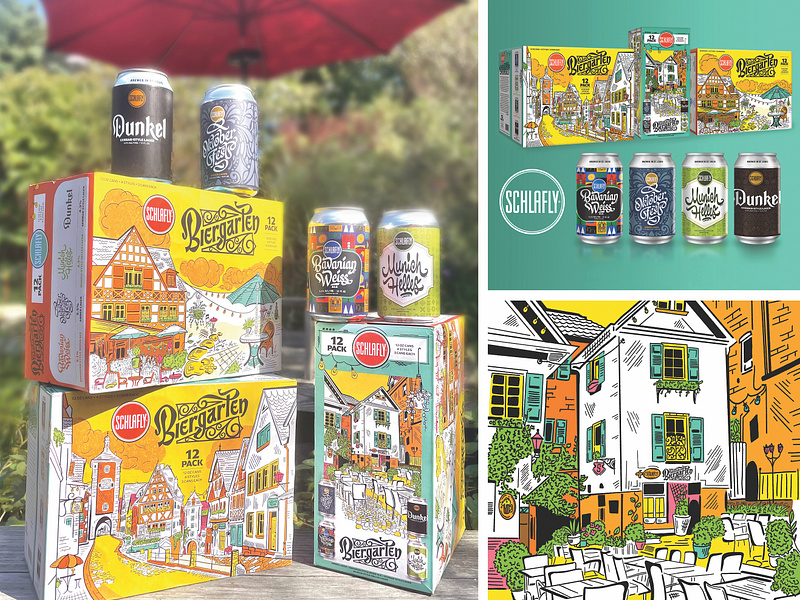 Schlafly Biergarten Packaging & Label Design architecture beer beer packaging beverage biergarten box branding brewery building can case craft beer design german germany house illustration label packaging schlafly