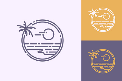 Line art island beach logo beach branding circle design graphic design icon illustration island line logo monoline outline palm tree paradise round sea simple sun tropical vector