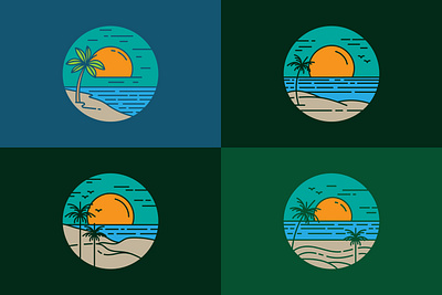 Tropical island beach logo set beach branding design graphic design icon illustration island line line art logo monoline outline palm stamp sticker sun sunset tree tropic tropical