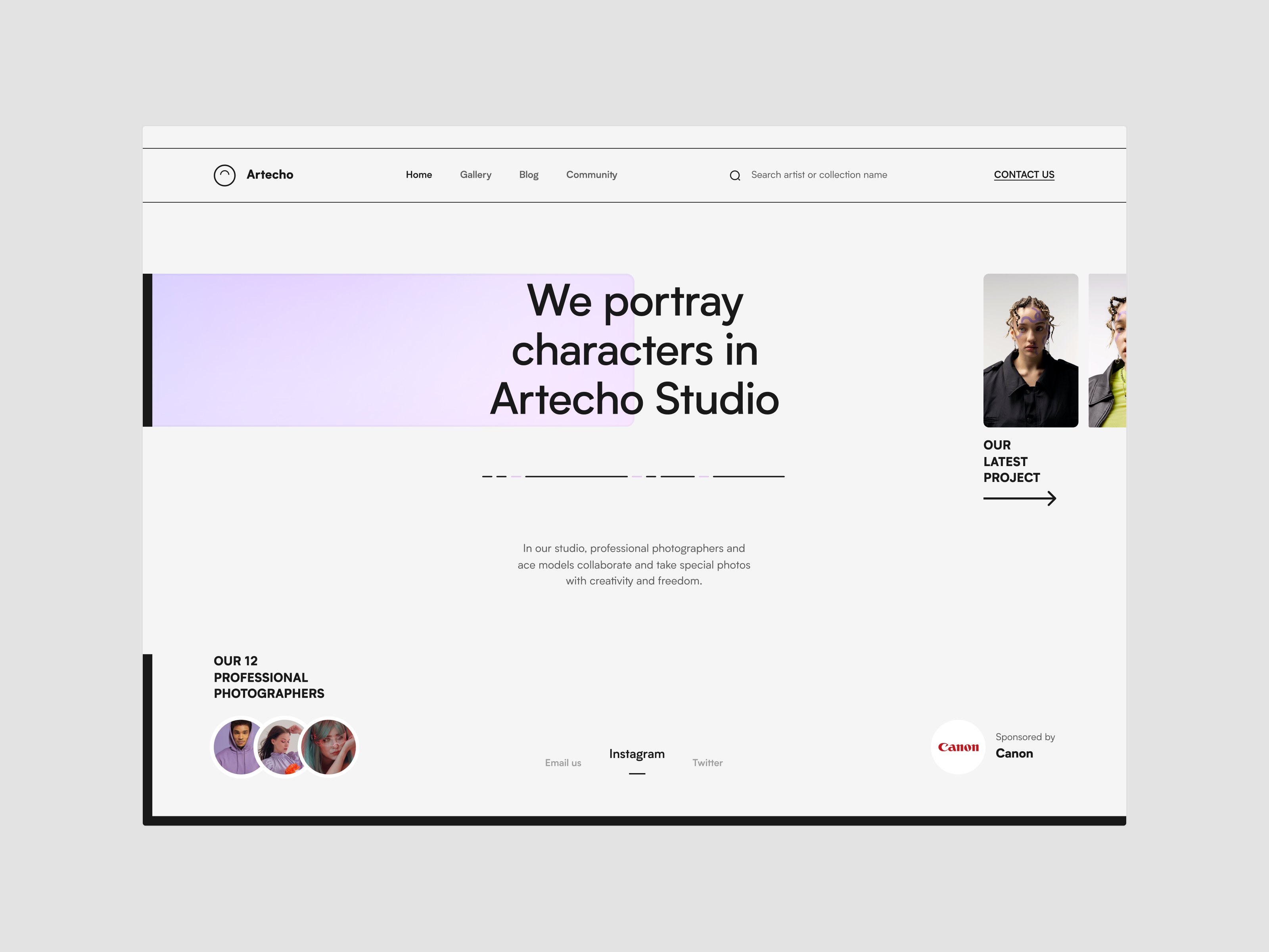 Artecho Studio Landing art canon echo echo design echodesign gallery gradient header hero landing layout photography pink portfolio purple slider studio typography web design website