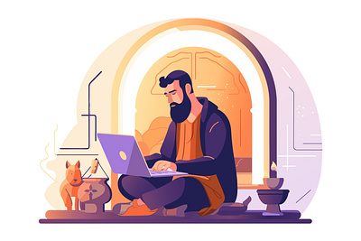 Man with his pet working on a laptop at home art design graphic home illustrations landing page laptop lofi lofi art ui ux vector work from home working