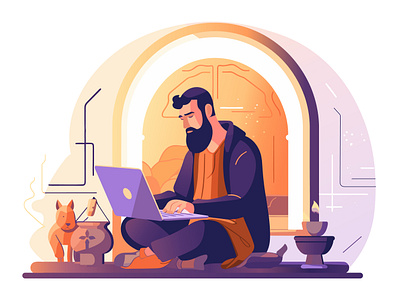Man with his pet working on a laptop at home art design graphic home illustrations landing page laptop lofi lofi art ui ux vector work from home working