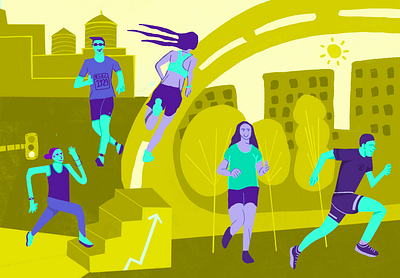 Run the city art direction article character character design city cityscape colorful design illustration joggers procreate runners running sports urban yellow