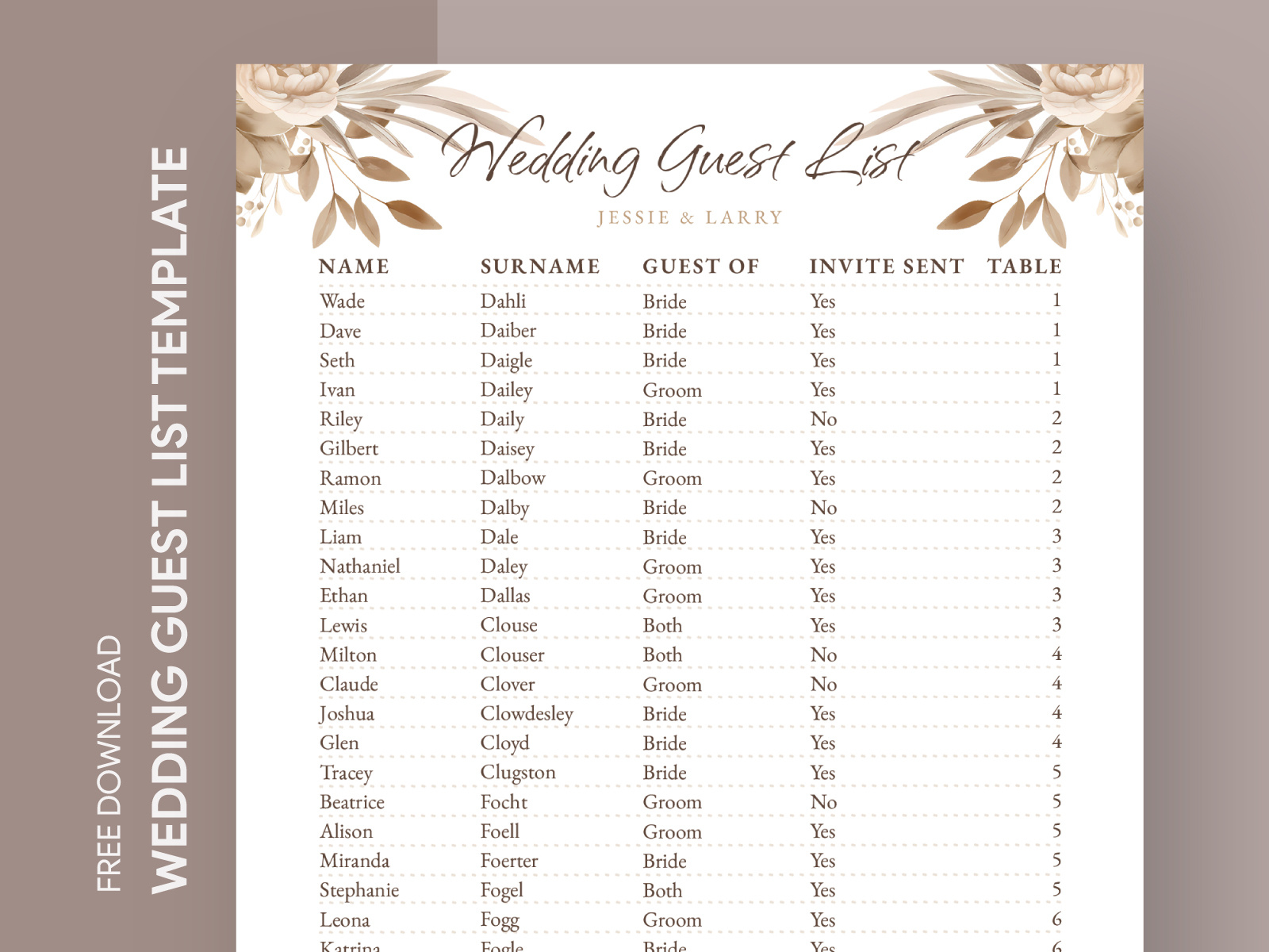 Rustic Wedding Guest List Free Google Docs Template by Gdoc on Dribbble