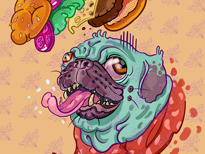 pug artist cartoon style colors crazy design charaster dog food humburger illustration pet print pug