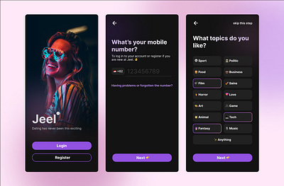 Jeel • Dating apps app design dark theme dating apps mobile design mobile ui design modern minimalism design app modern ui ui ui design ux ux design