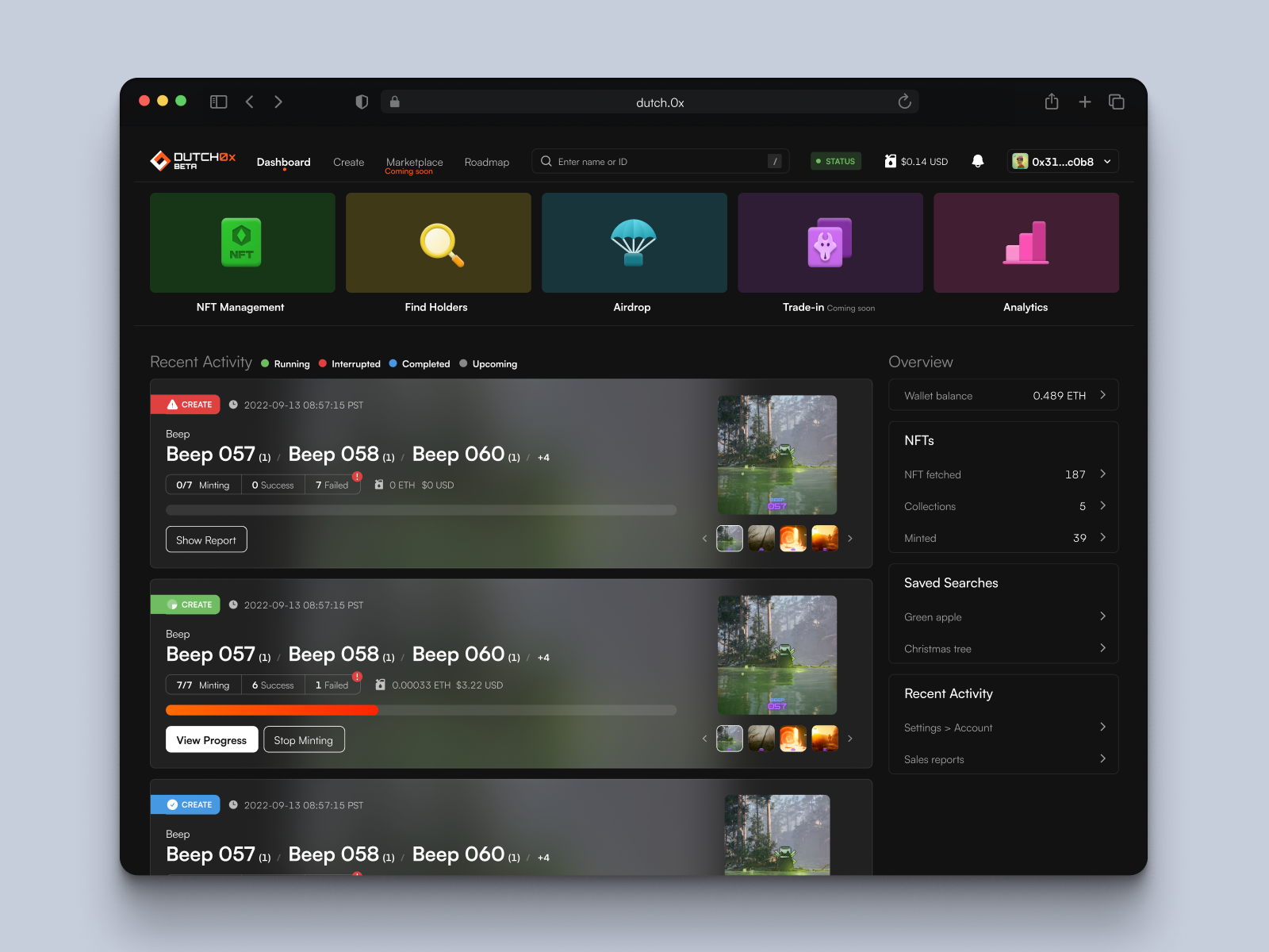 NFT creator dashboard design - DUTCH0X black darktheme darkui dashboard managements nft nftdashboard ui uiux ux