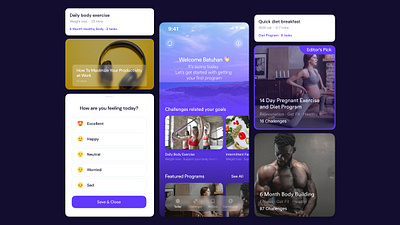 Various UI Components for meditation application card components gym list meditation sport ui