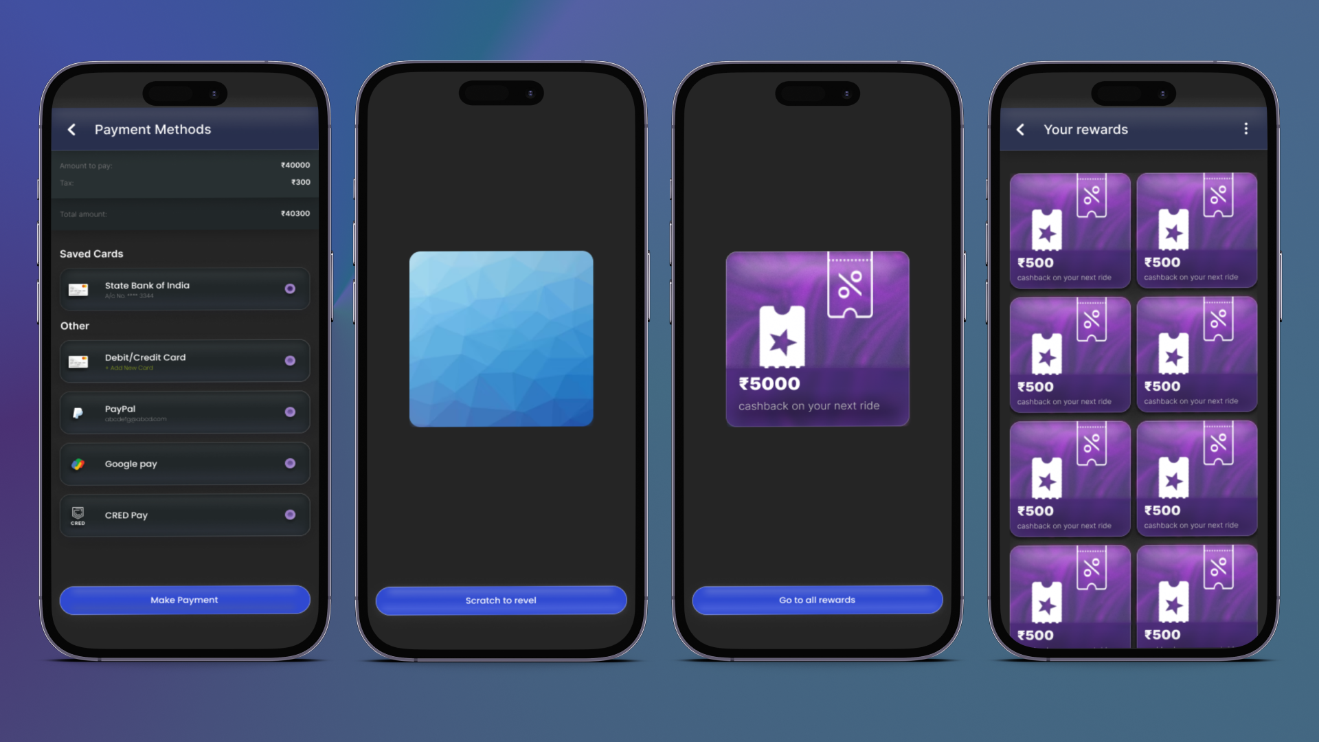 Payment Page to rewards page flow animation app design illustration ui