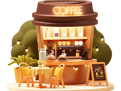 Vector coffee kiosk or booth illustration 3d advertising booth cafe cartoon coffe coffee cup coffee machine coffee to go counter cup furniture illustration kiosk restaurant table vector