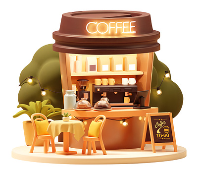 Vector coffee kiosk or booth illustration 3d advertising booth cafe cartoon coffe coffee cup coffee machine coffee to go counter cup furniture illustration kiosk restaurant table vector