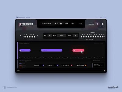 Performer - Smart Chord Progressions ableton ai app audio audio plugin design effects gui interface modern music particles piano teenage engineering ui vst designer