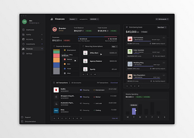 Finance application interface app branding dark mode dashboard design expenses finance platform savings subscription transaction ui user interface