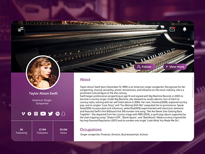 User Profile adobe xd artist life celebrity dailyui figma graphic design guitar hollywood illustration inspiring woman music photoshop piano sing singer songwriter taylor swift ui user profile web page