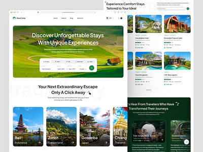 BaseCamp - Accommodations Booking Landing Page accomodations airbnb booking framer homepage homestays hotel hotel booking journey landing page real estate reservation web room travel trip vacation villa web design webflow website