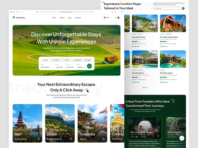 BaseCamp - Accommodations Booking Landing Page accomodations airbnb booking framer homepage homestays hotel hotel booking journey landing page real estate reservation web room travel trip vacation villa web design webflow website