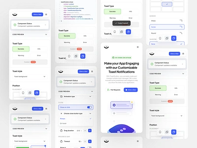 Toastification website | Responsive version alert code components design system development graphic design illustration mobile notification preview responsive toast website