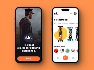 Skate Marketplace App aplication app design e commerce longboard marketplace orange product product page shopify skate skate app skate shopping ui ui design uiux ux design