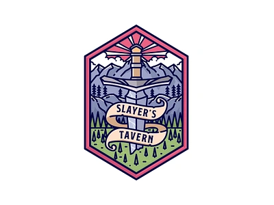 Slayers Tavern adventure apparel badge brand branding design emblem graphic design illustration label landscape line lineart logo monoline patch pin shrit sticker tshirt