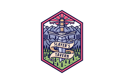 Slayers Tavern adventure apparel badge brand branding design emblem graphic design illustration label landscape line lineart logo monoline patch pin shrit sticker tshirt