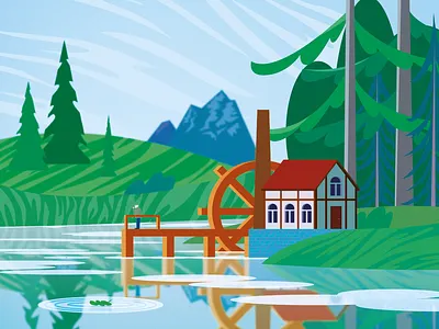 Summer morning on the river adobe adobe illustrator art green illustration house iilustration for web illustration morning river river view vector
