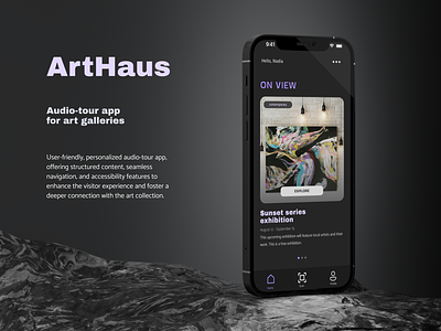 Audio-tour app for art galleries app for art art art gallery audio tour app case study design exhibition figma home mobile app mobile case study mobile design on view play product desig profile scan ui upload ux