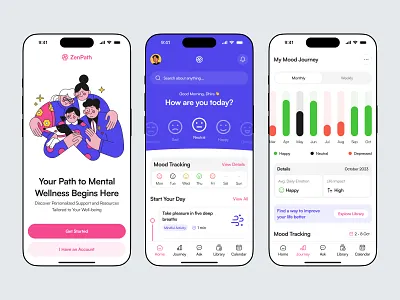 ZenPath - Mental Health App anxiety app consultation health app healthcare healthy meditation mental mental health mental health awareness mental illness mindfulness mobile mood mood tracking therapy ui ui design uiux virtual care