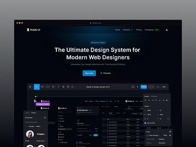 Riddle UI - Landing page dark design dashboard design design system figma figma kit figma ui design figma ui kit framer design landing page product design riddle ui ui ui kit ui kit library uikit design ux