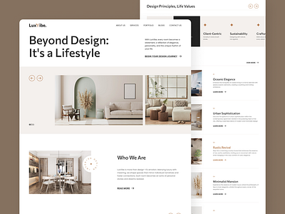 LuxVibe – Interior Design Landing Page architecture business clean design figma framer framer template home page interior design landing page professional ui ui design uiux website design