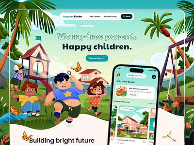Daycare Finder: Landing Page 🧒🏼 animation butterflies childcare childern colorful day care finder green happy illustration kids landing page mobile mobile app orely park playground slide trees ui