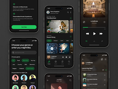 Music Streaming Mobile App album app app design audio dark mode mobile app music streaming playlist sing song sound spotify stream streaming streaming app ui uiux