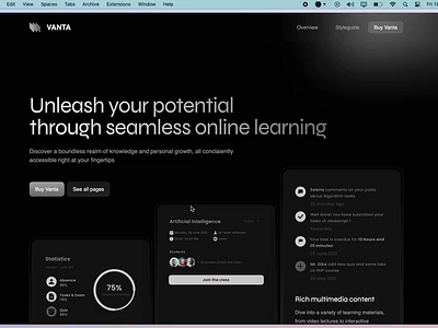 Vanta - E learning multipage theme. cards dark mode gradient gri learning platform silver tailwind