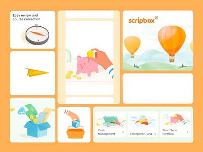 Illustrations for Scripbox animation artwork bento bento grids finance fintech illustration investment motion design timeless