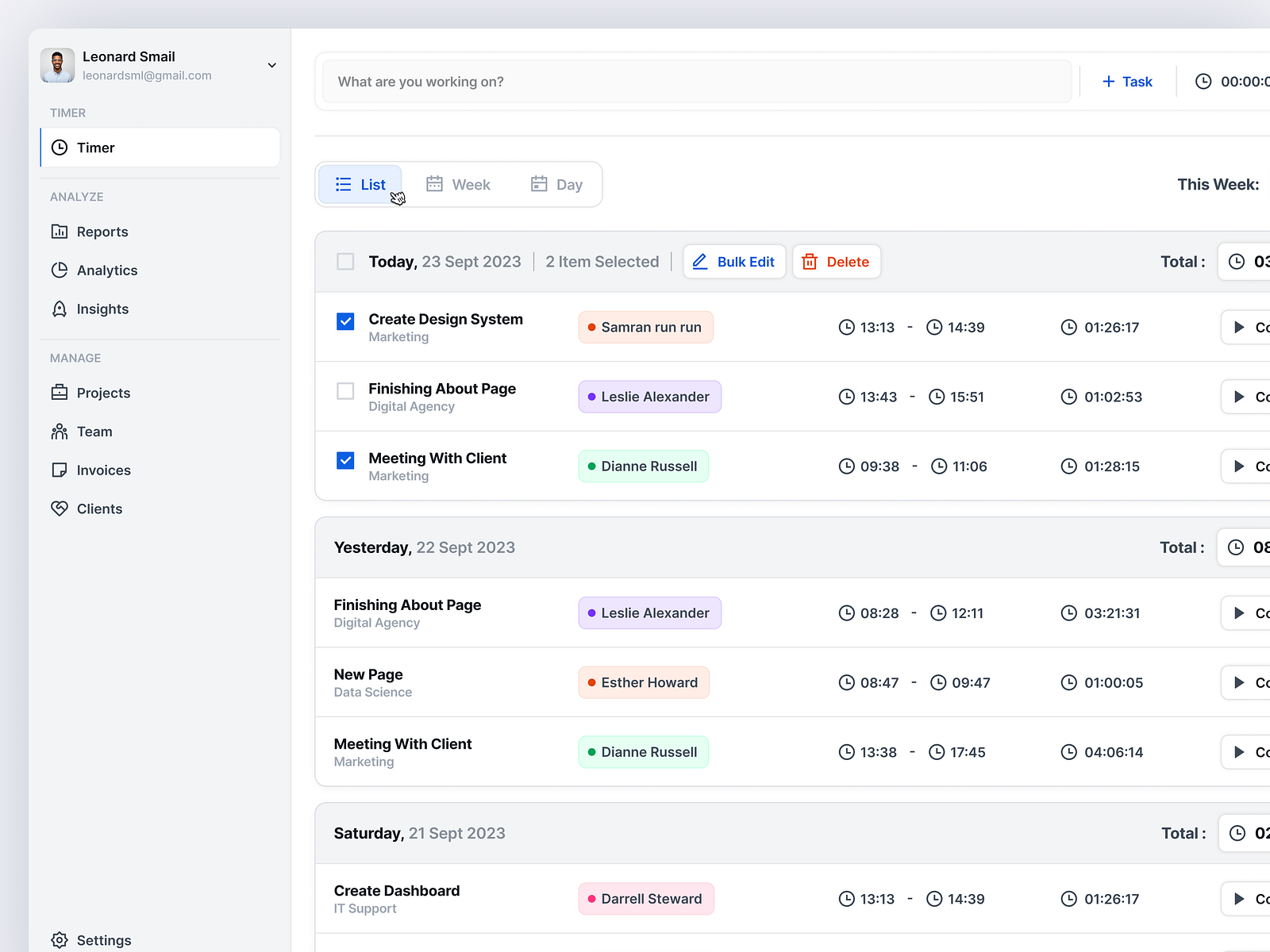 Time Tracker Web App Saas Dashboard by Nizar Ali ⚡ for Vektora on Dribbble