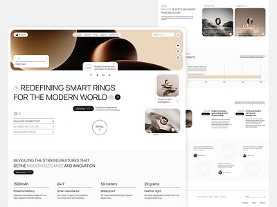 Smart Ring Web battery connectivity electronic innovation interaction landing page minimalist product design remote control ring smart device smart ring startup tech trendy ui ux user interface ux design web design website
