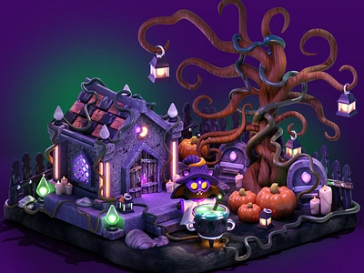 Old Magic 3d art blender candle cartoon cemetery crypt fall halloween isometric lantern magic pot pumpkin render spooky tomb tree witch