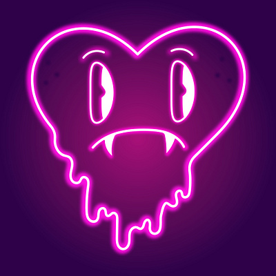 neon pink, sad heart with fangs and smudges face