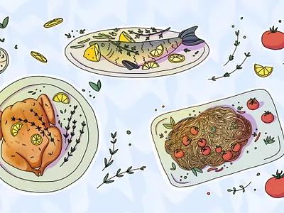 Food illustration: main meals and pretzels cartoon illustration chicken meal digital illustration editorial illustration fish food food illustration food recipe menu design procreate spaghetti vegetable