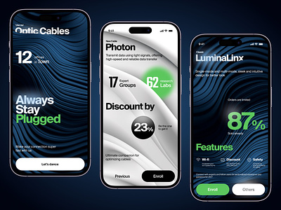 Optic Cables - Mobile UI Concept 3d blue color cables concept data fiber green color inspiration installation mobile app network optic speed stylish ui ui tips ui tutorial ux